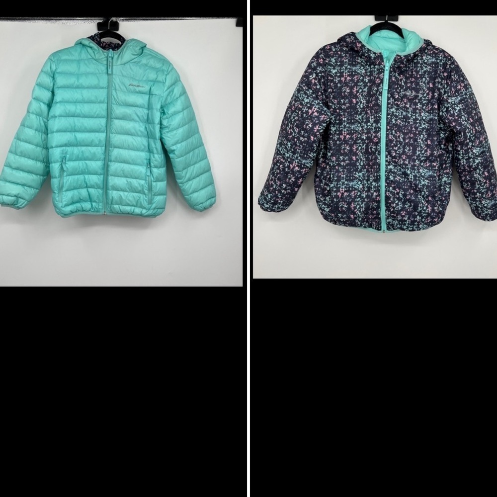 Eddie Bauer Girls Reversible Down Puffer Jacket coat LG 14/16 Light Blue Floral